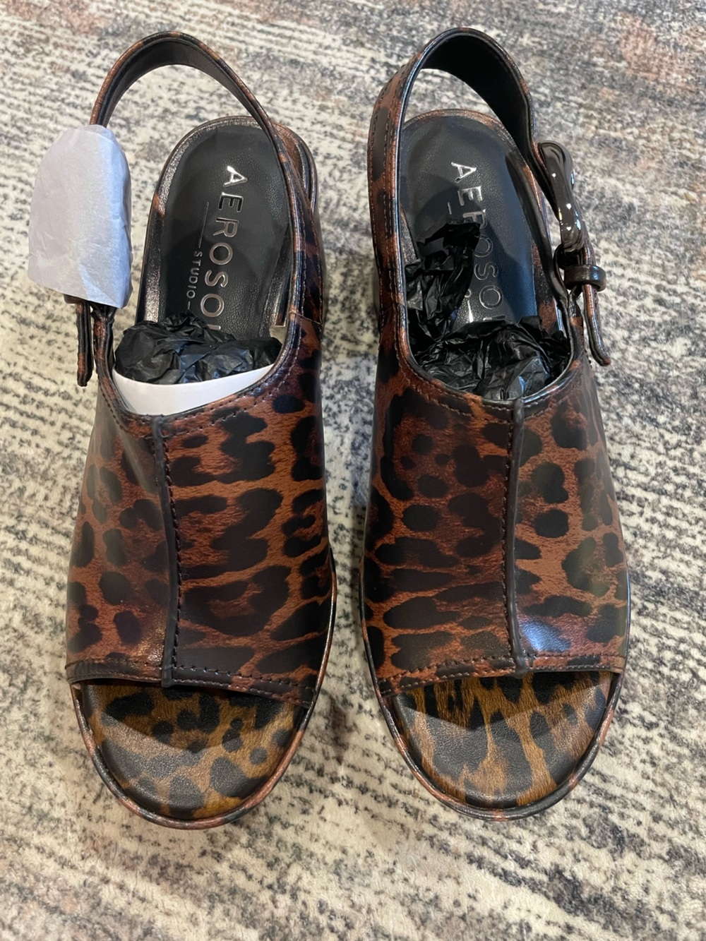 NEW- AEROSOLES Zella Brown Leopard Print Slingback Mules